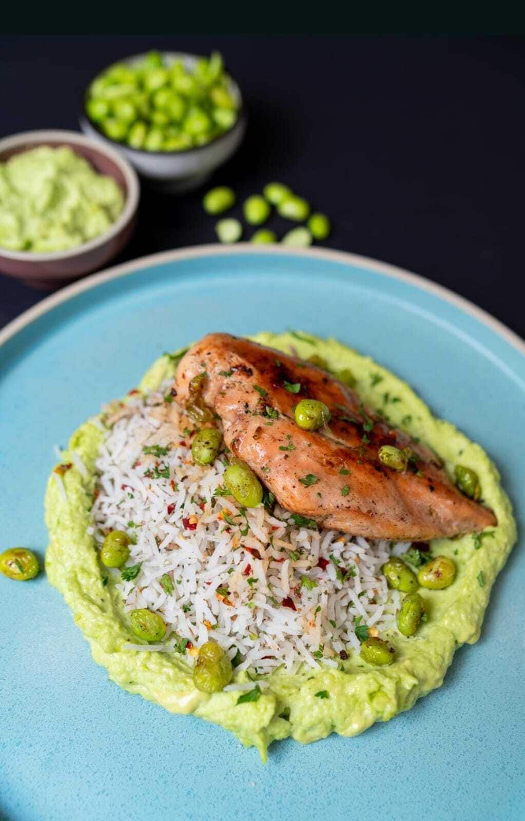 Rice bowl with grilled chicken and edamame, as served at Bel Posto The Cafe